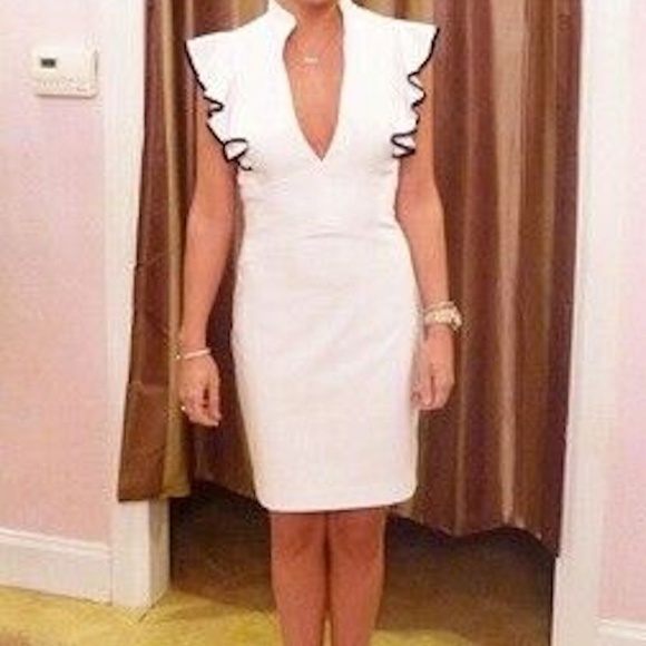 White Ruffle Keyhole EvaWork Office Midi Dress